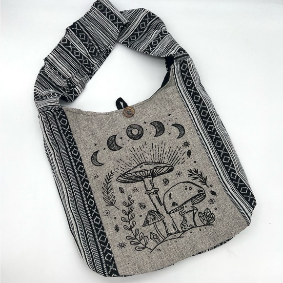 Mushroom and Celestial Print Large Hippie Crossbody Sling Bag - Picture 1 of 12